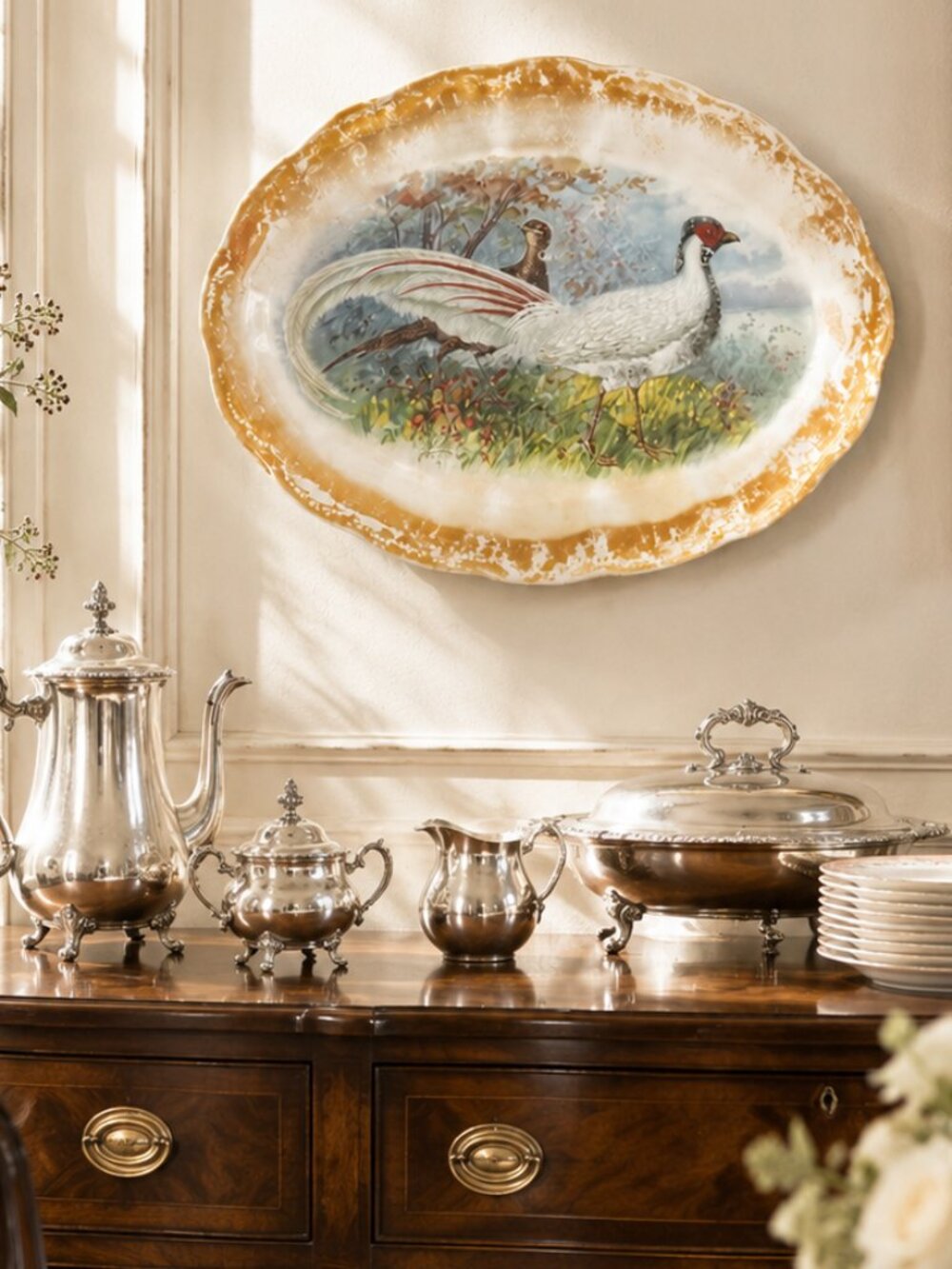 Antique Florence Game Bird Pheasant Lusterware Oval Serving Platter
